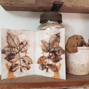 May include: An open book featuring botanical leaf prints in brown and tan hues. A glass jar with a metal lid is positioned behind the book. A small, carved wooden dog rests on a white ceramic pot. The items are displayed on a wooden shelf.
