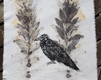 31 x 31 cm screenprinted crow on cloth rust dyed slow dyeing natural eco dye textile art fabric artwork patchwork print stitch book art gift