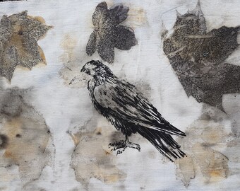 44 x 29 cm screenprinted crow on cloth rust dyed slow dyeing natural eco dye textile art fabric artwork patchwork print stitch book art gift