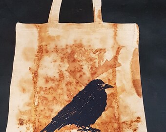 33cm plus handles rust dyed cotton fabric cloth gift bag shopper screenprinted with bird print from original drawing slow dyeing eco textile