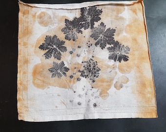 Eco Dyed Textile Art: Leaf Print Fabric, Rust Accents (32 x 29 cm)