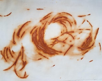 Recycled Rust Dyed Fabric: Eco Textile Art with Rusty Wire (37 x 24 cm)