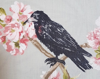 Screenprinted Crow on Patterned Fabric, Textile Art