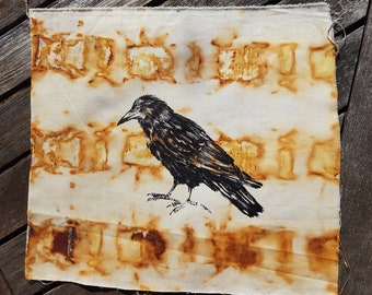 34 x 30 cm screenprinted crow on cloth rust dyed slow dyeing natural eco dye textile art fabric artwork patchwork print stitch book art gift