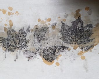 Eco Dyed Textile Art: Maple Leaf Print, Rust Accents (30x20cm)