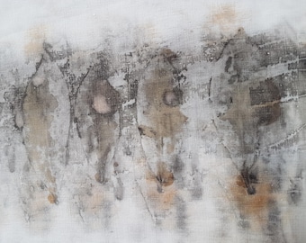 May include: A white fabric textile featuring a repeating pattern of four leaf-shaped imprints. The botanical prints are rendered in muted shades of charcoal gray, brown, and soft tan, displaying a weathered, textured appearance on the woven surface.