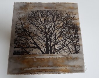 30 x 28 cm screenprinted tree on cloth rust dyed slow dyeing natural eco dye textile art fabric artwork patchwork print stitch book art gift