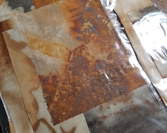 Rust & Tea Dyed Fabric Scraps: Mixed Cloth Pack for Stitch Meditation, Collage, Patchwork, Embroidery