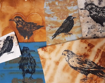 Screenprinted Crow or Tree Art: Rust Dyed Eco Cloth or Patterned Fabric Textile Artwork