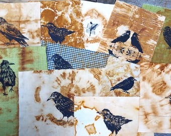 Árbol o cuervo serigrafiado: tela ecológica teñida con óxido, arte textil