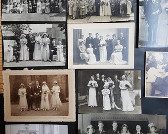 May include: A collection of nine black and white vintage wedding photographs arranged on a dark surface, accompanied by a wooden ruler measuring up to 30 inches, showing various groups of people in formal attire, bridal gowns, and suits.