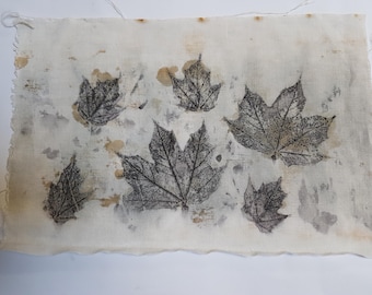 Eco Dyed Textile Art: Maple Leaf Print, Rust Accents (30 x 20 cm)