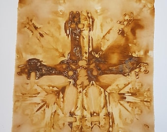 Rust Dyed Textile Art: Spanner Print, Hand Dyed Fabric (32 x 36 cm)