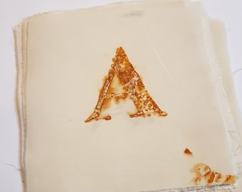 Rust Dyed Fabric Square, Letter Print Textile, 20x20cm