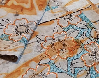 Vintage Embroidered Tablecloth Remnants- Rust Dyed, Floral Cross Stitch