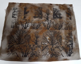 50 x 37 cm screenprinted tree on recycled cloth tea & rust dyed slow dyeing eco dye textile art fabric artwork patchwork print stitch panel