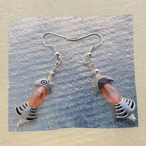 Peach Fish Earrings: Aurora Borealis Glass Beads, Silver Plated