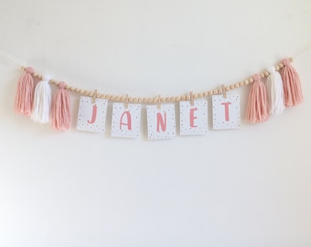 Girl's Pastel Birthday banner, baby shower banner, Tassel bunting, Girl Personalized Garland, Name Banner, Neutral Boho 1st birthday decor