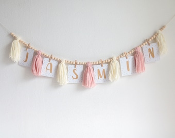 Custom Name Banner Pink and Light Pink Tassels Wood Beads Garland Felt Flag Bunting Yarn Tassel, Girl Name Decor