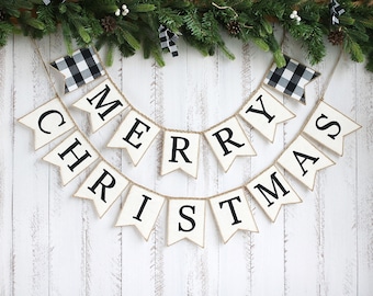 Merry Christmas Banner,  Christmas Garland, Burlap Banner, Rustic Christmas Garland, happy holidays banner,  Merry Christmas Bunting