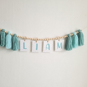 Custom Name Banner Mint Blue, baby shower banner boy,  Mint Blue Tassels Wood Beads Garland, Felt Flag Bunting Yarn Tassel, Boy Name Decor