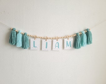 Custom Name Banner Mint Blue, baby shower banner boy,  Mint Blue Tassels Wood Beads Garland, Felt Flag Bunting Yarn Tassel, Boy Name Decor