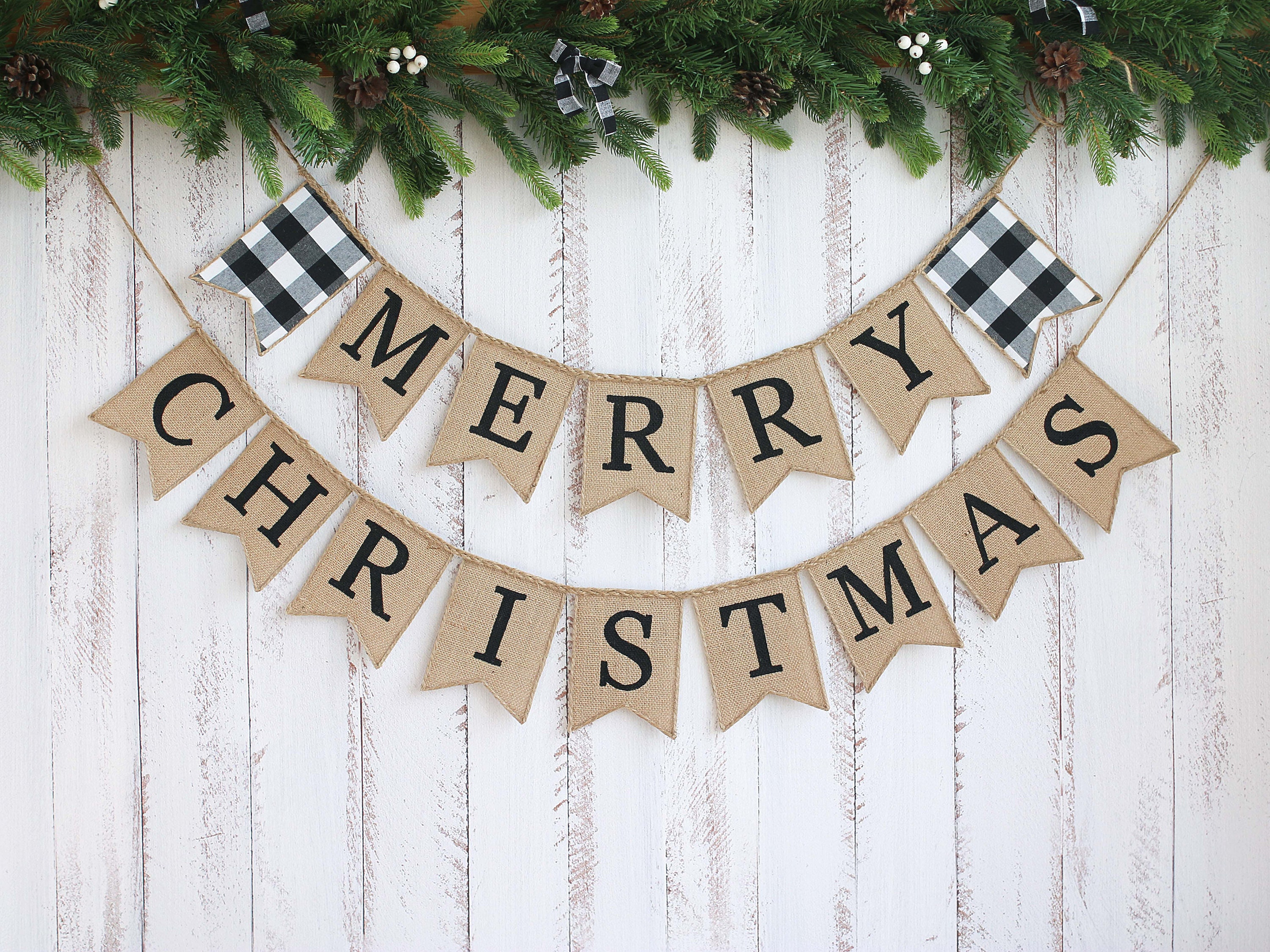 Black White Christmas Burlap Banner Checkered Christmas  Etsy