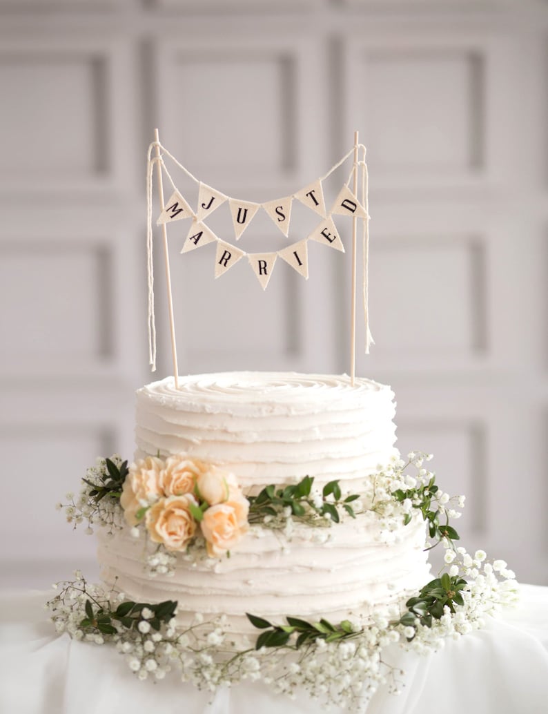 Just Married Wedding Cake Topper Banner, Rustic wedding Cake topper, Wedding Cake Topper, Just Married Cake Topper, Ivory Cake Topper 