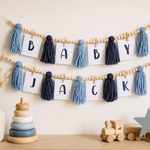 Blauwe banner jongens, aangepaste babybanner, babyshowerbanner, babyshowergors, kwastslinger, kwastbanner