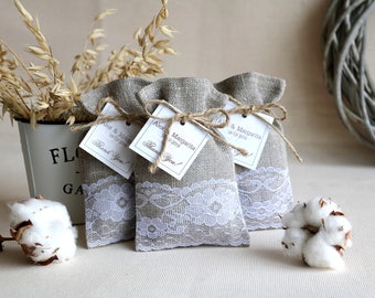 SET OF 300 Linen Favor Bags with personalized tags Custom Size, favor bags cotton