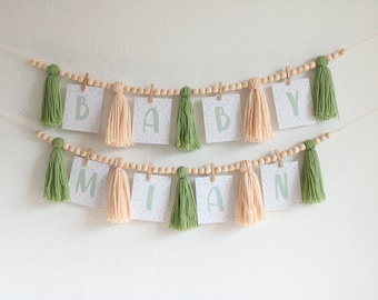 Woodland birthday, Baby Garland, Baby banner, Adventure Birthday, Custom name Photo Prop banner, Yarn Tassel Garland,