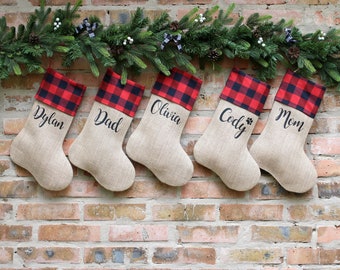 personalized christmas stockings, christmas decorations, custom christmas stockings, burlap christmas stockings, buffalo christmas stockings