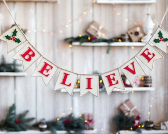 Believe Banner, Believe Burlap Bunting, Christmas Burlap Banner, Christmas Bunting, Christmas Decor, Holiday Decor, Rusti