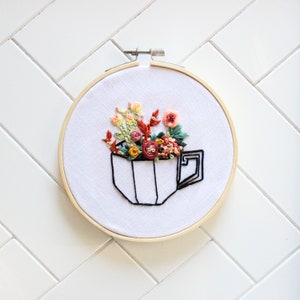 Teacup Embroidery Hoop Wall Art, Birthday Gift, Christmas Gift, Floral Teacup, Tea Party Decor, Tea Cup