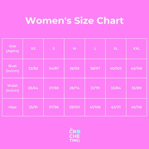Puede incluir: Un gr&aacute;fico rosa con una cuadr&iacute;cula blanca que muestra las tallas de ropa para mujeres en pulgadas y cent&iacute;metros. El gr&aacute;fico incluye las medidas de busto, cintura y caderas para las tallas XS, S, M, L, XL y XXL.
