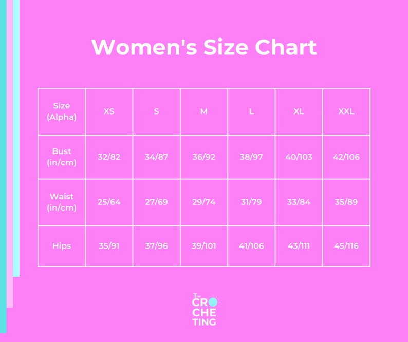 Puede incluir: Un gr&aacute;fico rosa con una cuadr&iacute;cula blanca que muestra las tallas de ropa para mujeres en pulgadas y cent&iacute;metros. El gr&aacute;fico incluye las medidas de busto, cintura y caderas para las tallas XS, S, M, L, XL y XXL.