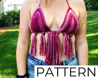 Crochet Siena Top - sexy festival summer spaghetti straps swim bikini top halter bandeau crop string ties fringe beginner for women girls