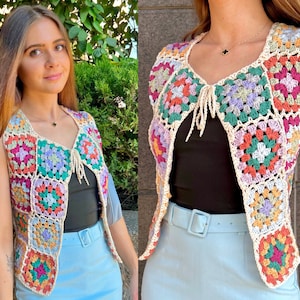 Crochet Pattern -Hana Vest, crochet vest pattern, crochet granny square vest, crochet tie vest, granny square crochet, vest crochet pattern