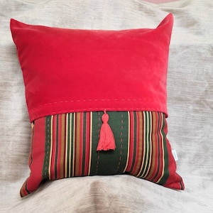 Luxury Velvet Red Cushion, Throw Tassel Pillow Cover, Boho Decor Cushion, Decorative Handmade Stripy Cushion, Upcycled Designer Fabric, 16in