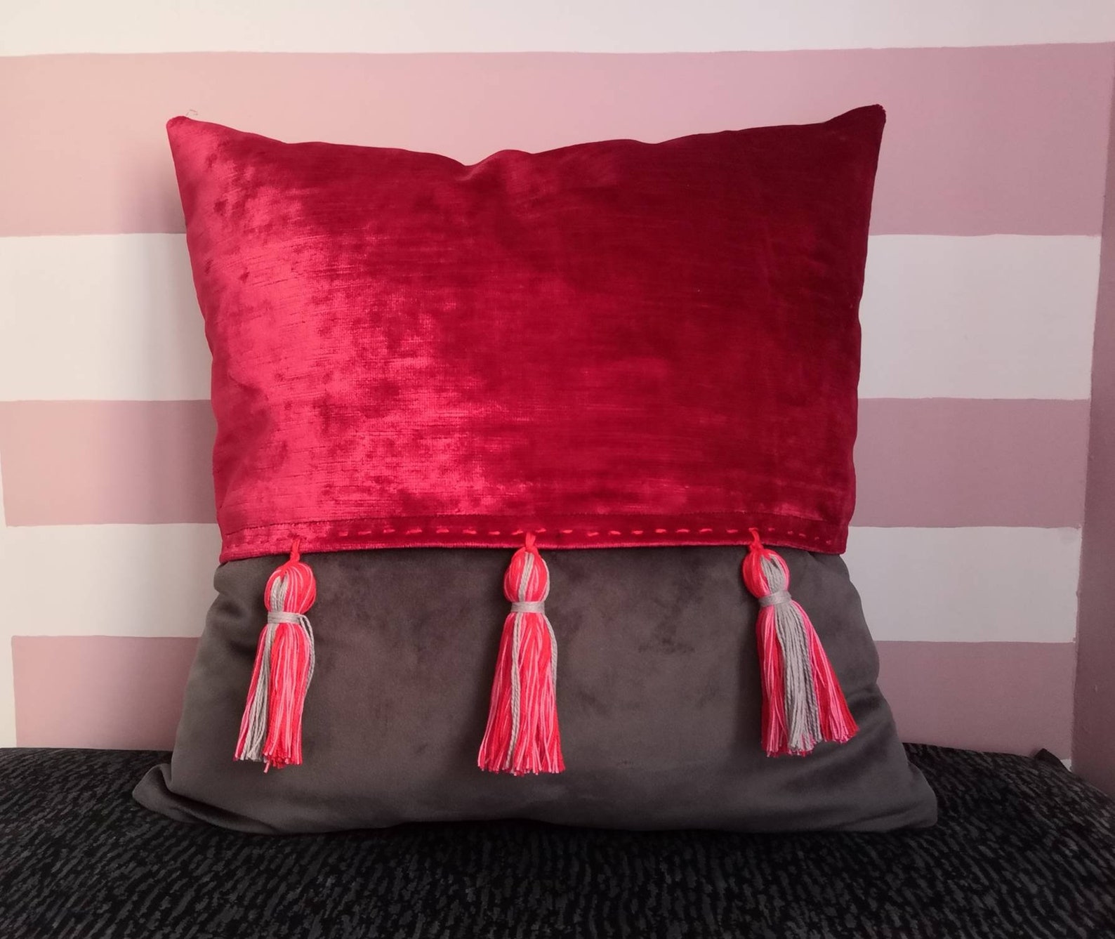 Luxury Velvet Red Grey Tassel Cushion Cover Embroidered Etsy UK