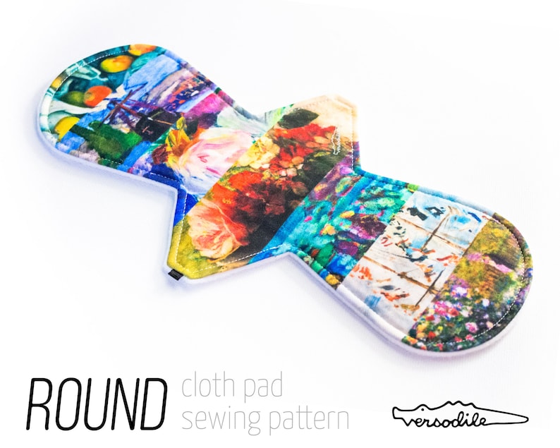May include: A colorful round cloth pad sewing pattern with a white background. The pattern features a variety of images, including flowers, fruit, and landscapes. The text "ROUND cloth pad sewing pattern" is printed below the pattern. The text "versodille" is printed below the text.