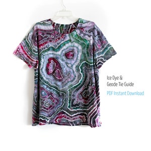 May include: A geode tie dye t-shirt with a purple, green, and white pattern. Ice Dye & Geode Tie Guide PDF Instant Download.