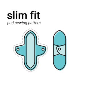 May include: A sewing pattern for a slim fit pad. The pattern includes a blue and white pad with a dotted line around it and a folded blue and white pad.