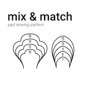 May include: A black and white line drawing of two sets of nested shapes, labeled with numbers from 7 to 16. The text "mix & match" and "pad sewing pattern" is above the shapes.