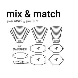 Op de afbeelding: Zwart-witte lijntekening van een naai-patroon voor een gevoerd item. Het patroon omvat drie verschillende vormen: breed, vol en smal. Het patroon omvat ook drie verschillende maten: 6,35 cm, 2,54 cm en 5,08 cm. De tekst "mix & match" en "naai-patroon voor kussen" is in de afbeelding opgenomen.