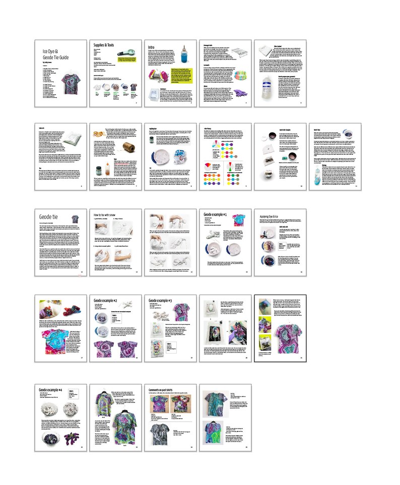 May include: A guide to ice dyeing and geode tie dyeing techniques. The guide includes instructions, examples, and tips for creating unique and colorful designs on fabric.