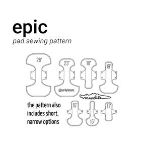 以下が含まれることがあります： さまざまなサイズ（26インチ、23インチ、18インチ、19インチ、15インチ、11インチなど）の繰り返し使える布製パッドを作るための縫製パターンです。このパターンには、短いものと狭いものも含まれています。