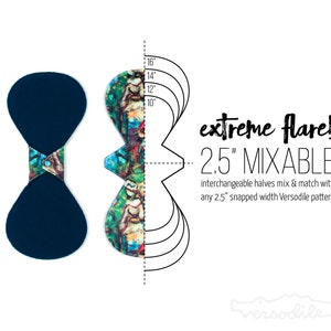 May include: Two cloth menstrual pads with a 2.5-inch snapped width. One pad is solid dark blue, the other features a multicolored abstract print. A diagram shows length options from 10 to 16 inches with the text extreme flare! 2.5" MIXABLE.