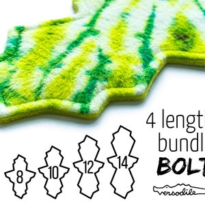 May include: A felt pad with a tie-dye pattern in shades of lime green, yellow, and white. Below, a graphic shows four shapes labeled 8, 10, 12, and 14, with the text 4 length bundle BOLT and a crocodile logo labeled versodile.