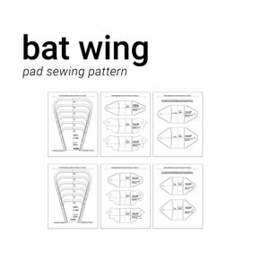 May include: A sewing pattern for a bat wing shaped pad. The pattern includes six different sizes, ranging from 10 inches to 17 inches. The pattern is printed on white paper with black lines.